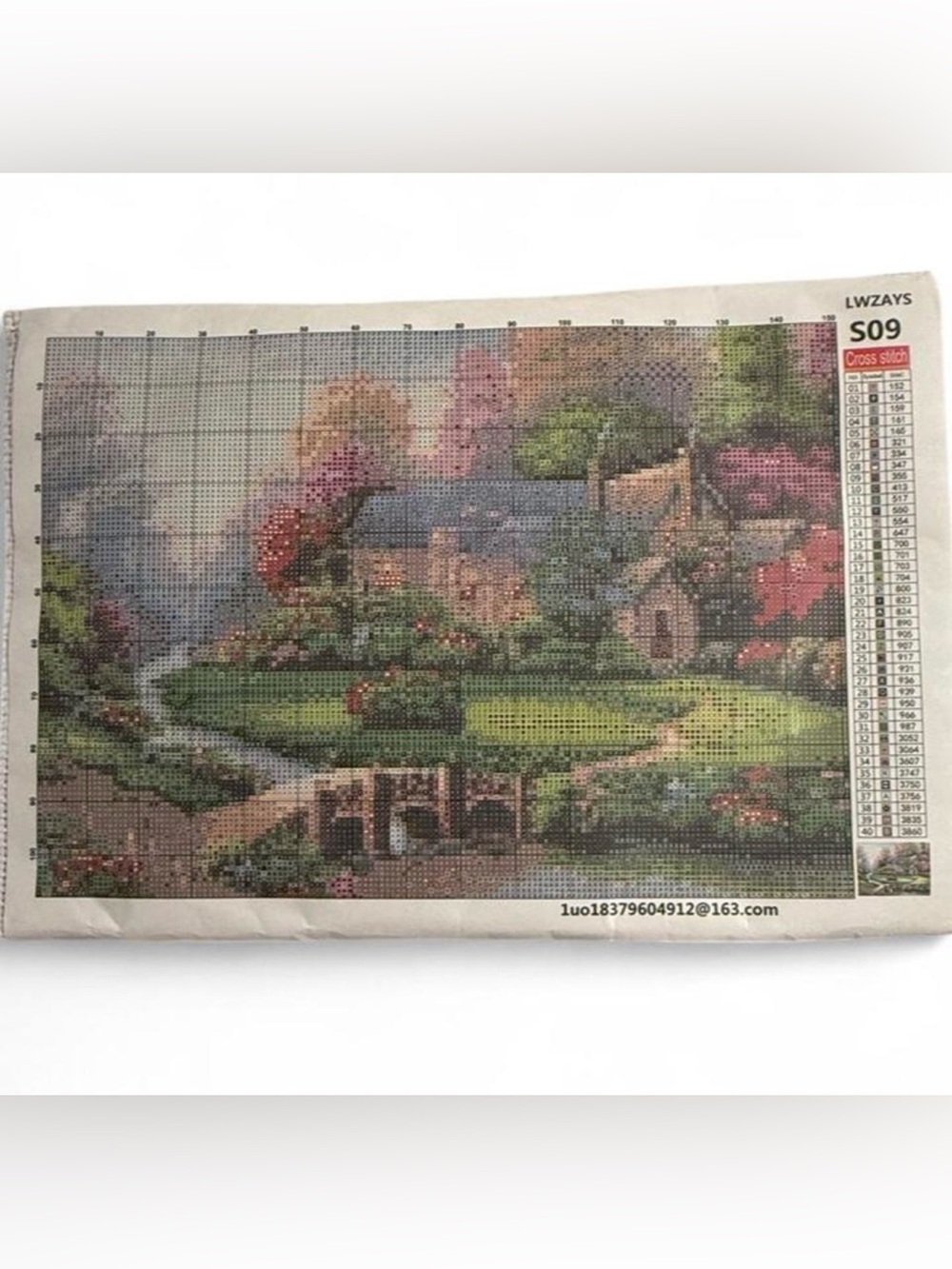 Source Unknown Green, Pink, Blue Countryside Cross Stitch Chart